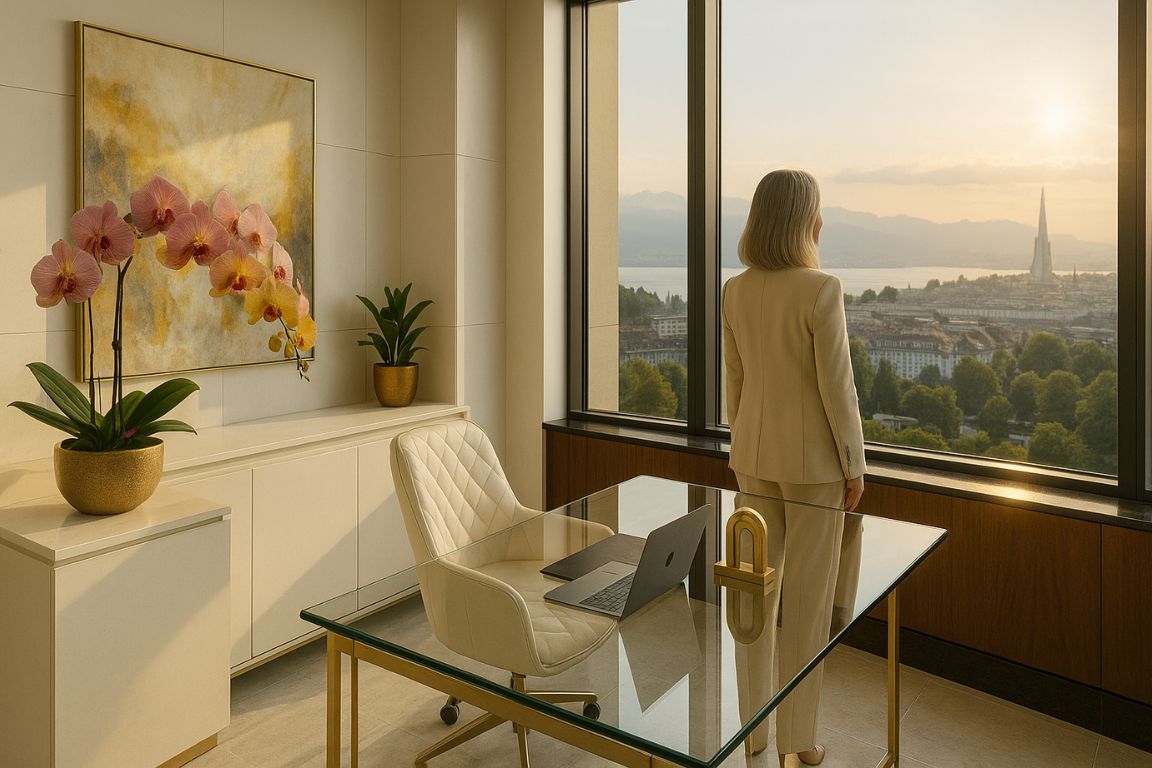 Renate Hechenberger – Symbolbild für weibliche Führungskraft, die in Stille nach innen blickt. Zürich, Executive-Office, goldene Tür, gelebte Selbstführung.