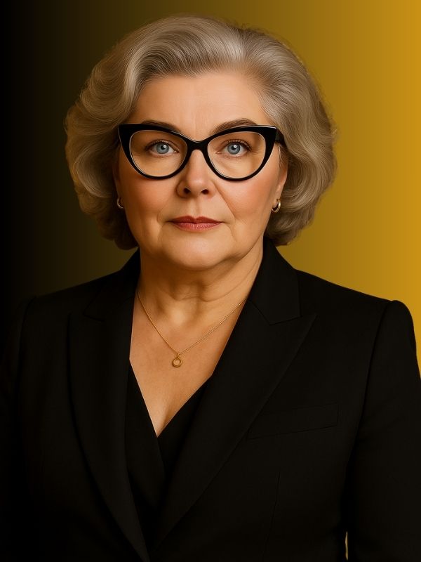 Renate Hechenberger – Mentoring für Frauen in Business, Politik, Wissenschaft und Kultur. Kraftvolles Porträt mit goldenem Hintergrund, Symbol für gelebte weibliche Führung und inneres Erinnern.